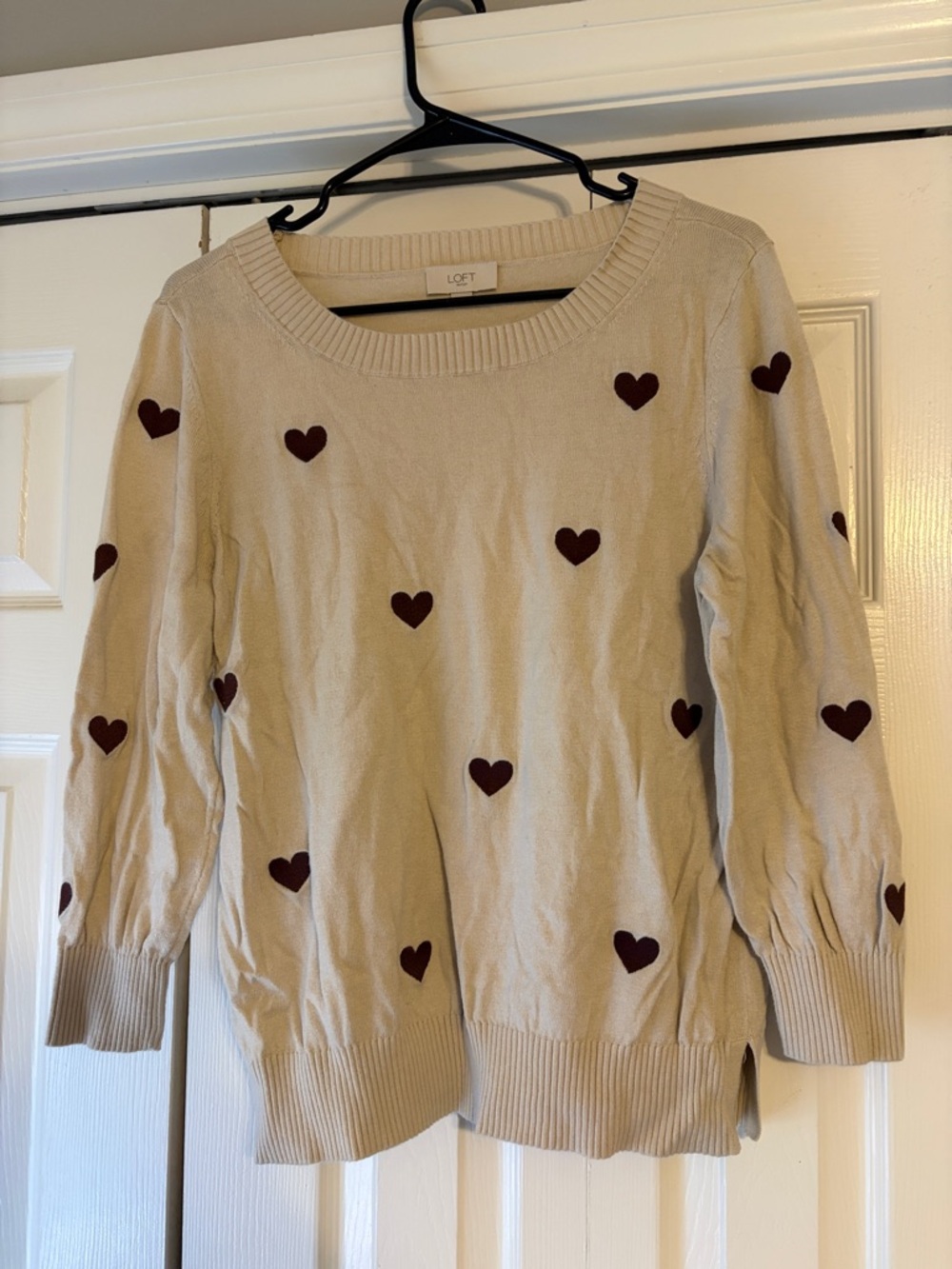 LOFT Cream Sweater with Burgundy Heart Motif